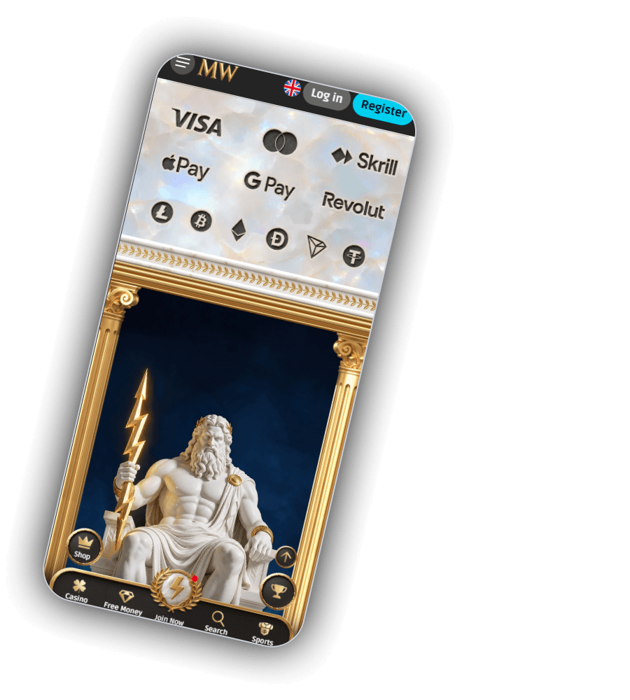 MythosWin footer on mobile with a marble panel of payment logos, Visa, Mastercard, Apple Pay, Google Pay, Skrill and Revolut, a row of crypto coin icons for Litecoin, Bitcoin, Ethereum, Dogecoin, Tron and Tether, and a gold-framed marble statue holding a lightning bolt