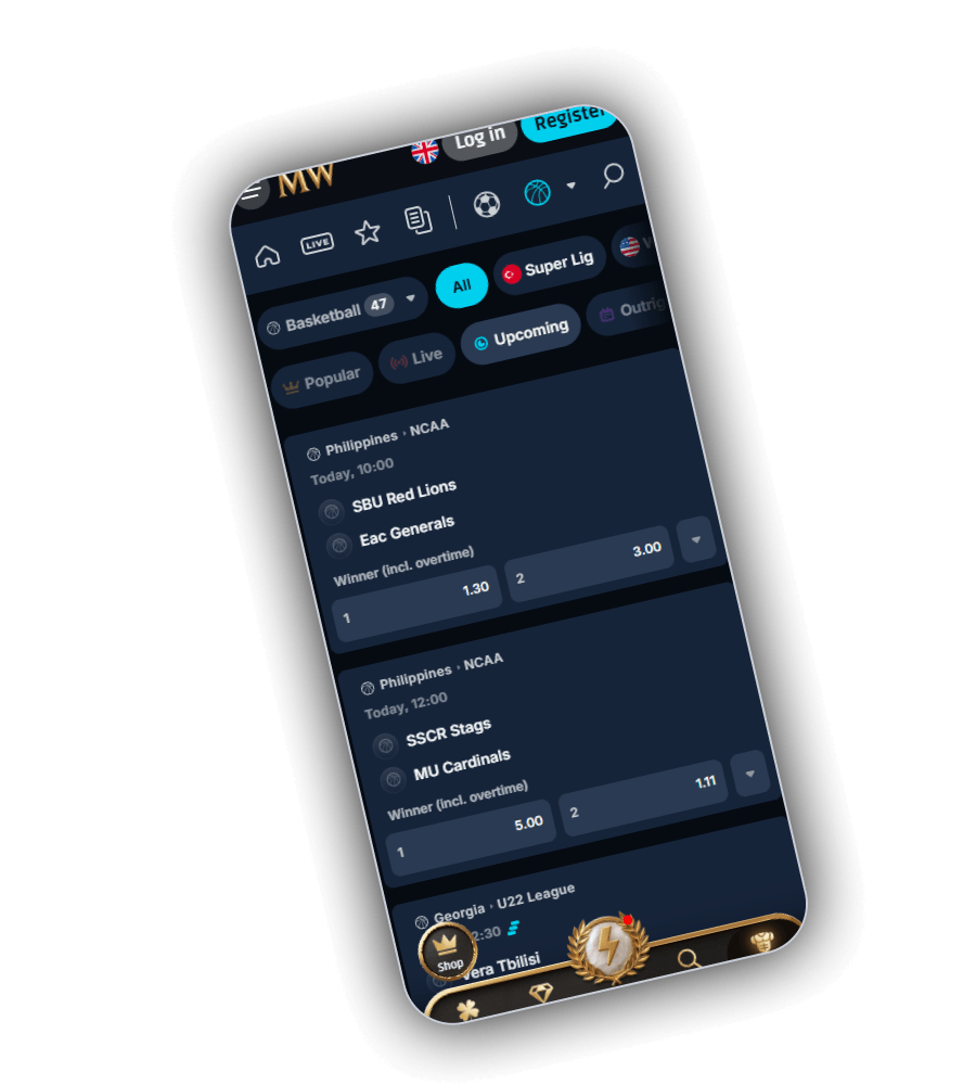 MythosWin sportsbook on mobile with icons for home, LIVE, favourites and bet slip, a Basketball selector showing 47 events, filter pills All, Super Lig, Popular, Live and Upcoming, and Philippines NCAA fixtures SBU Red Lions against Eac Generals priced 1.30 and 3.00